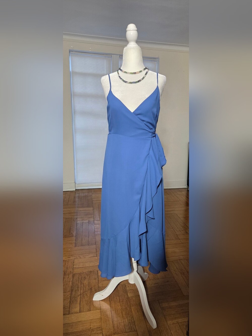 Lulus Manhattan Moment Blue Ruffled Midi Wrap Dress